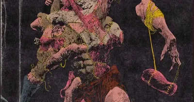 "MENDING" comic cover with a monstrous figure and hanging bodies.