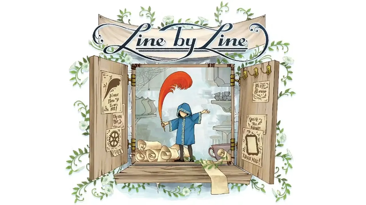 A wooden-framed window display with a banner reading "Line by Line." Inside, a small figure in a blue coat and hat holds a red feather quill, standing on rolled parchment. Shelves hold books and a teapot. Signs on the frame read "Poems," "Coffee," and "Open Mic."