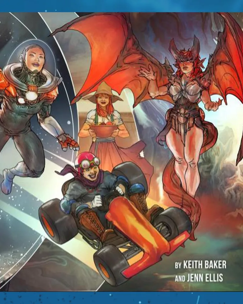 Four characters: a space explorer, a witch, a go-kart racer, and a dragon-like woman.