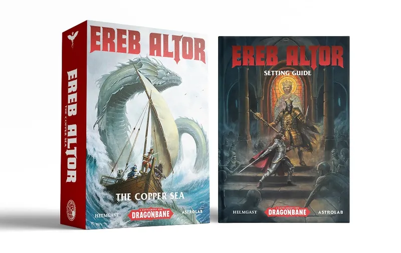 Two books titled "Ereb Altor" are displayed side by side. On the left, "The Copper Sea" features an illustration of a large sea serpent alongside a sailing ship, with waves crashing around them. On the right, the "Ereb Altor Setting Guide" showcases a dramatic scene of a knight in armor confronting skeletal figures, with a stained glass window depicting a saint in the background. Both covers prominently feature the title "Ereb Altor" in bold red letters.