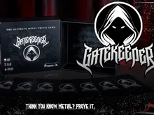 Gatekeeper Ultimate Metal Trivia Game box, cards, and logo with hooded figure. Text: "THINK YOU KNOW METAL? PROVE IT."