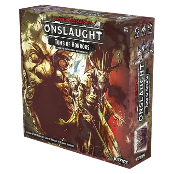 A box for the "Dungeons & Dragons Onslaught: Tomb of Horrors - Maps & Monsters Expansion" features dramatic artwork depicting a menacing demilich and various monstrous figures. The box is predominantly dark with splashes of color, showcasing intricate details of the characters and elements from the dungeon. The title "ONSLAUGHT" is prominently displayed at the top, along with the subtitle and branding for Wizkids.