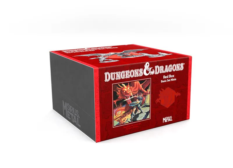 Red box with "Dungeons & Dragons Red Box Basic Set Minis" and artwork of a dragon and fighter.