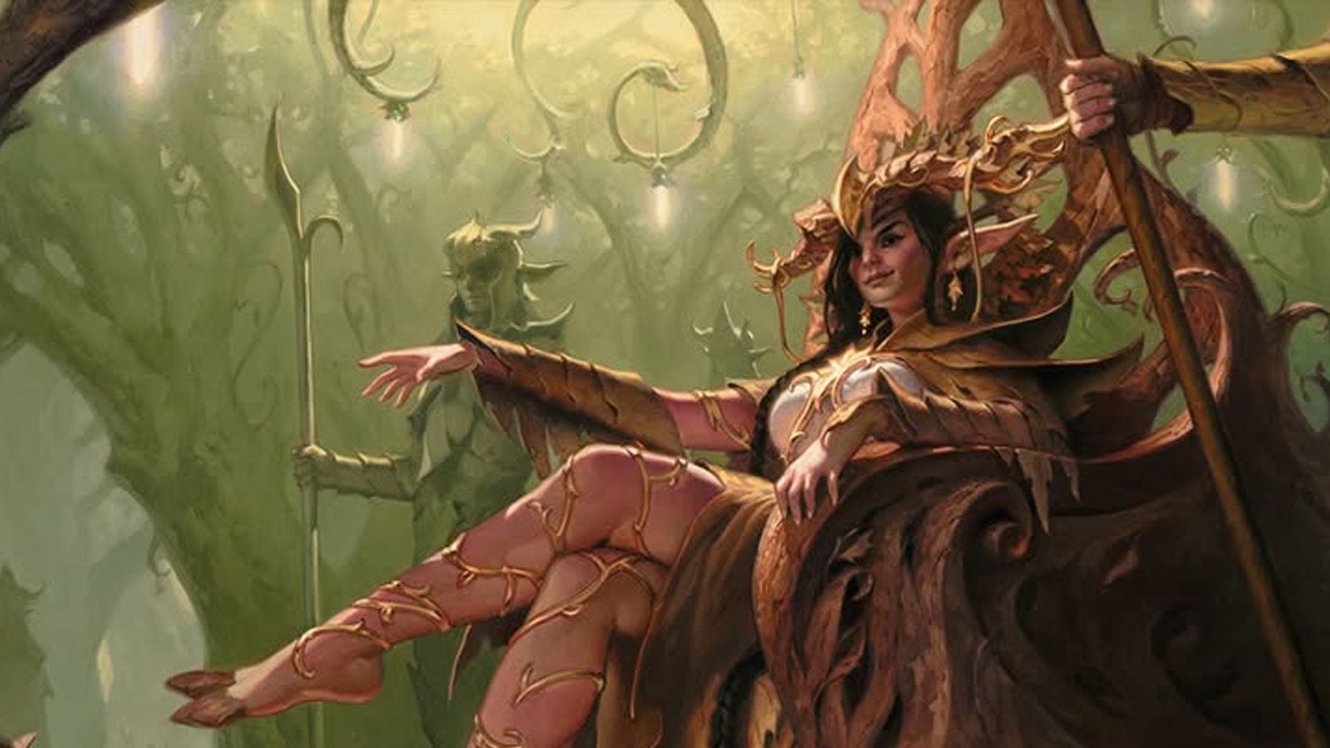 A regal elf-like figure sits on an intricately carved throne made of twisted wood, adorned with natural elements like leaves and vines. She wears a flowing outfit that blends earthy tones with gold accents, and her long hair cascades down her shoulders. The background features a lush, green forest illuminated by soft, glowing orbs, enhancing the mystical atmosphere of the scene.