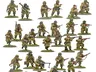 A collection of multi-part plastic miniatures representing US Airborne soldiers in early war, reinforced M42 jump uniforms. The figures are posed in various action stances, showcasing a range of weapons including rifles, submachine guns, and a bazooka, along with additional gear like magazine pouches and a signal lamp. The miniatures are set on grassy bases, highlighting their detailed sculpting and variety within the thirty-man platoon.