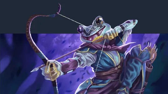 A humanoid frog character is depicted in a dynamic pose, drawing a bow with an arrow aimed forward. The character wears a blue and gold outfit, with a sash around the waist and a quiver of arrows on their back. The background features a dark, shadowy jungle atmosphere, enhancing the sense of adventure and mystery. The character's large, expressive eyes and webbed fingers add to their unique, fantastical appearance.