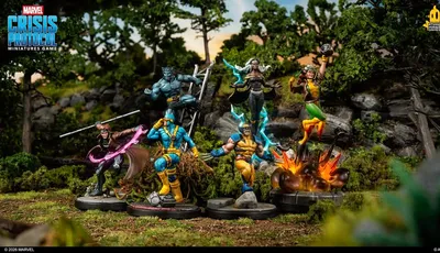 A dynamic scene features several miniatures from the Marvel Crisis Protocol Miniatures Game, showcasing iconic X-Men characters. Cyclops stands prominently in the center, flanked by Wolverine, Storm, Rogue, Gambit, and Beast, each in action poses with vibrant details. The backdrop includes lush greenery and rocky terrain, enhancing the adventurous atmosphere of the scene.