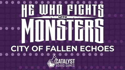 Purple background with dotted pattern. White and gray text reads: "He Who Fights with Monsters" with a sword graphic, "with" in smaller text, "Monsters" in large white letters, and "City of Fallen Echoes" in smaller gray text beneath.