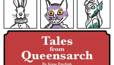 "Tales from Queensarch By Jesse English" with 9 illustrated character portraits in a grid.