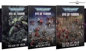 A slipcase set titled "Eye of Terror: Reign of Iron" for Warhammer 40,000 10th Edition features three hardcover books. The left book, "Eye of Terror: Reign of Iron," showcases a dark cover with imagery of Iron Warriors and mechanical elements. The center book, "Reign of Iron: Apocalypse," highlights large-scale battle scenes with various factions, while the right book, "Reign of Iron: Detachments," displays a more detailed scene with Chaos Space Marines and Imperial forces. Each book is visually distinct, emphasizing the themes of war and chaos in the Warhammer universe.