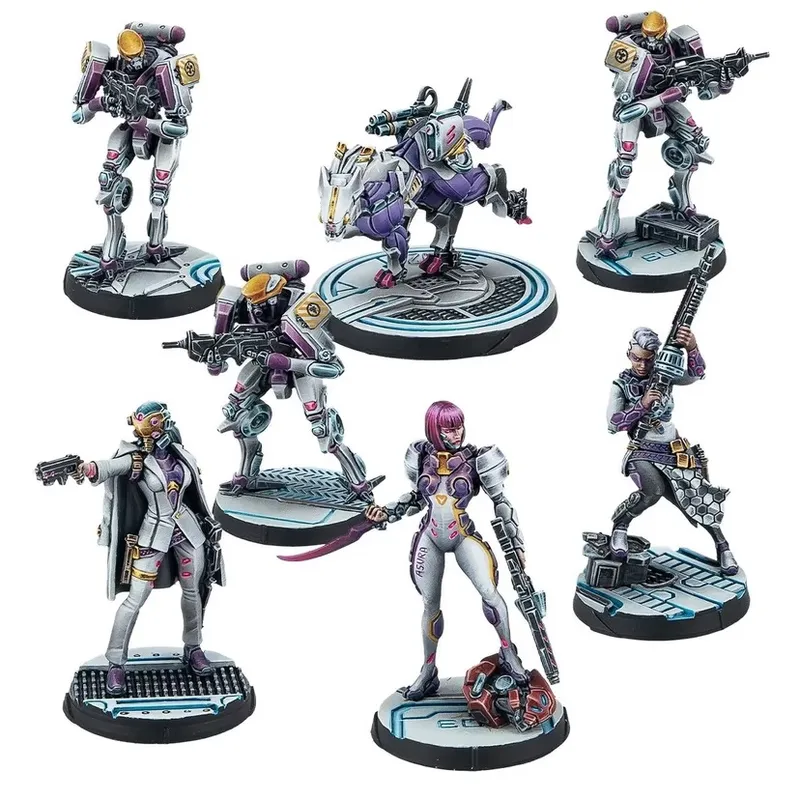 A collection of seven miniatures from the Infinity miniatures game, featuring characters from the Nomads and ALEPH factions. The miniatures are intricately designed, showcasing a cyberpunk aesthetic with vibrant colors, primarily purples and metallics. The figures include a mix of humanoid characters and a robotic companion, each posed dynamically to reflect their unique roles in gameplay.