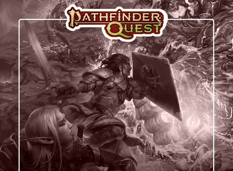 A dynamic illustration features a fierce battle scene from Pathfinder Quest, showcasing a warrior in armor wielding a sword and shield, engaged in combat against a chaotic backdrop of swirling magical energy and monstrous foes. In the foreground, an elf character looks on, adding to the sense of urgency and adventure. The title "Pathfinder Quest" is prominently displayed at the top in a bold, stylized font.