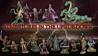 A collection of 14 miniatures from the "Adventures in the Upside-Down" set is displayed against a dramatic, stormy background with lightning. The miniatures include various fantasy characters such as a three-headed creature, a skeletal figure in a purple cloak, and a green dragon-like creature, alongside adventurers like a dwarf and a ranger. The title "ADVENTURES IN THE UPSIDE-DOWN" is prominently featured in bold red letters at the center of the image.