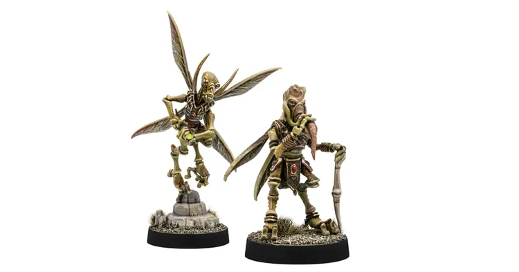 Two miniatures from the Star Wars universe are displayed: on the left, a Geonosian with large, translucent wings is posed mid-flight, while on the right, another Geonosian stands confidently, holding a staff and wearing ornate armor. Both figures are intricately detailed, showcasing their unique features and textures, and are mounted on circular bases with a rocky terrain design.