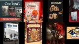 "Personal Demons" book cover, "Bookwyrm" game box, "DUSTHAVEN" text, miniature buildings, fantasy art.