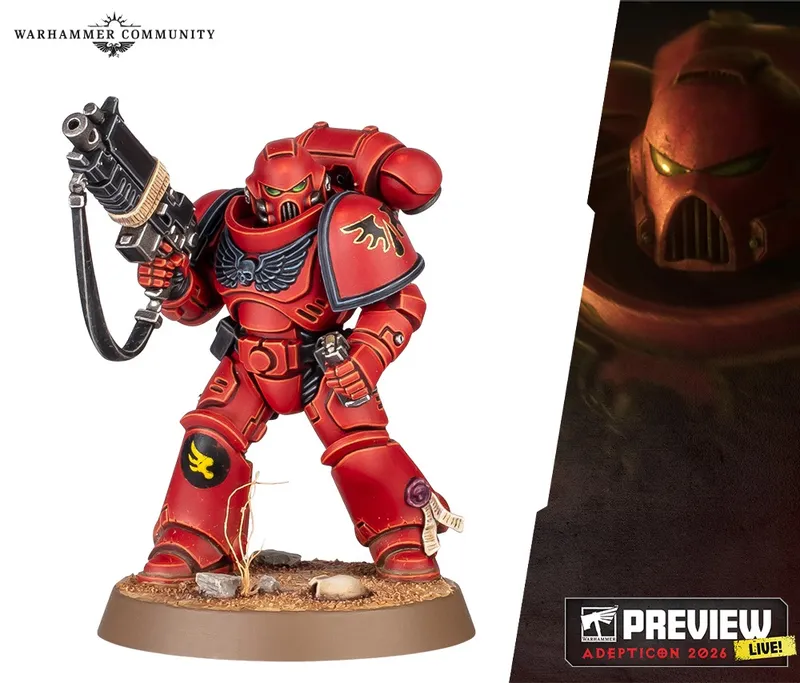 A detailed miniature of a Space Marine in striking red armor stands prominently, holding a bolter in a ready position. The armor features black accents and a golden emblem on the left shoulder pad, symbolizing the Blood Angels chapter. In the background, a shadowy image of a Space Marine helmet adds depth to the scene, while the bottom corner includes the text "PREVIEW LIVE! ADEPTICON 2026."