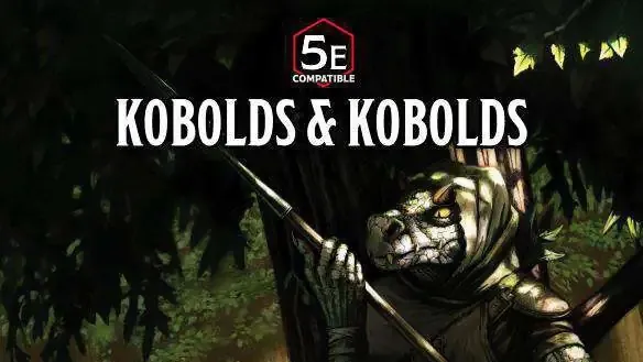 "5E COMPATIBLE KOBOLDS & KOBOLDS" text, armored kobold with spear, forest, mounted rider.
