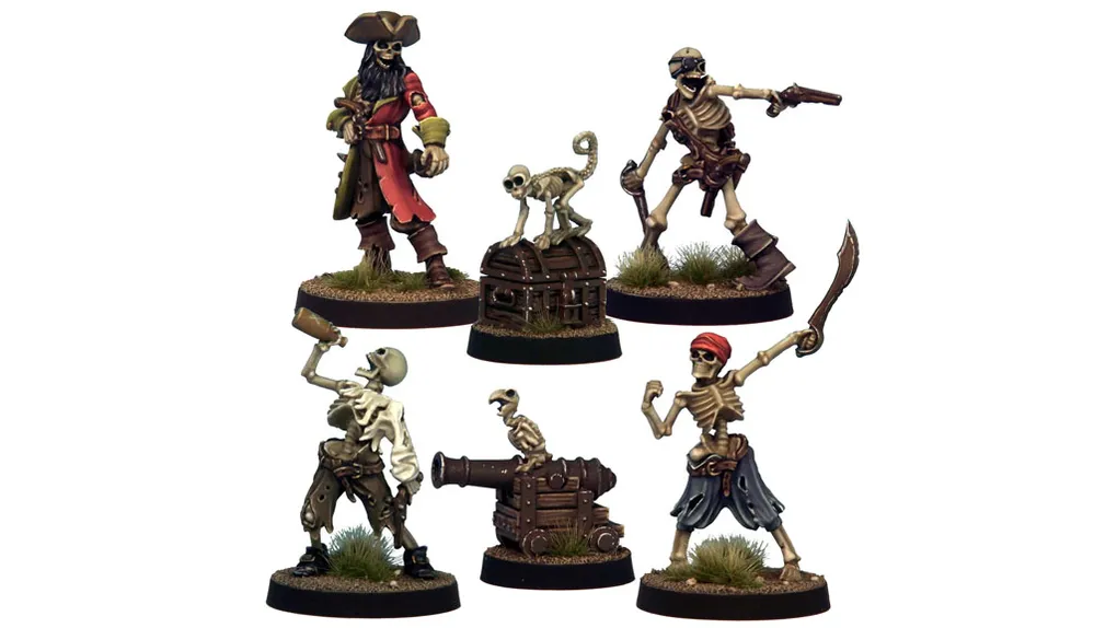 A set of five miniatures features a quartet of Skeleton Pirates and their companions. The swashbuckling captain stands prominently, dressed in a red coat and tricorn hat, while a skeletal monkey perches on a treasure chest beside him. The crew includes three additional skeletons: one holding a bottle, another brandishing a sword, and the last aiming a pistol, with a skeletal parrot sitting atop a cannon.