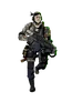 Cartoon-style mercenary in futuristic tactical gear holding a glowing green assault rifle, wearing a helmet with a visor, armored vest with "SEA DOG" patch, and various equipment pouches. Skull and crossbones emblem on chest. Dark background.