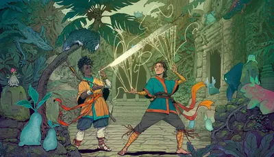 Two people in colorful robes duel with glowing energy in a jungle temple.