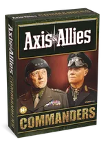 A box for "Axis & Allies: Commanders" features a striking illustration of two historical military leaders. On the left, a U.S. General in a uniform adorned with medals and a helmet, and on the right, a German Field Marshal in a dark uniform with distinctive insignia. The title "Axis & Allies" is prominently displayed at the top, with "COMMANDERS" in bold gold letters at the bottom, and a small age recommendation of "14+" in the lower corner. The background is a gradient of warm colors, enhancing the dramatic presentation.