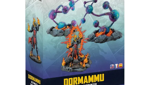 A box for the "Marvel: Crisis Protocol - Dormammu Ultimate Encounter" set features a striking illustration of Dormammu, depicted with fiery elements and a menacing stance, surrounded by swirling dimensional rifts. The packaging includes vibrant colors, with a dark background contrasting against the bright flames and mystical rifts. The title "DORMAMMU ULTIMATE ENCOUNTER" is prominently displayed at the bottom, indicating the contents of the set.