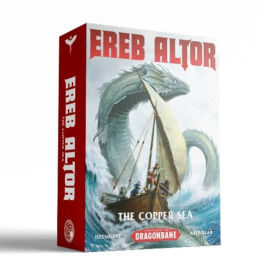 A box for the "Ereb Altor: The Copper Sea" campaign setting features a dramatic illustration of a large sea serpent emerging from turbulent waves, with a small sailing ship in the foreground. The ship is manned by several figures, suggesting a sense of adventure and peril. The title "EREB ALTOR" is prominently displayed at the top, with additional text indicating the game's publishers, Helmgast and Astrolab.