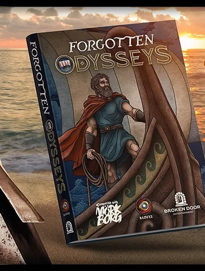 Standing upright on a rocky surface near a body of water is a tabletop role-playing game box set titled "Forgotten Odysseys." The box features an illustration of a bearded man in ancient Greek-style armor and a blue-green cloak, holding a spear and a coiled rope. He stands on the deck of a wooden ship with a carved figurehead at the bow. The background shows a rocky shoreline with waves crashing, and a sunset sky with clouds and distant landforms.

The box spine displays the title "Forgotten Odysseys" vertically in large, stylized white letters. Below the title, the text reads "Mirk Borg" in a smaller, stylized font. At the bottom of the box, logos for "BadEye" and "Broken Door Entertainment" are visible. The edge of another box or object is partially visible to the left.