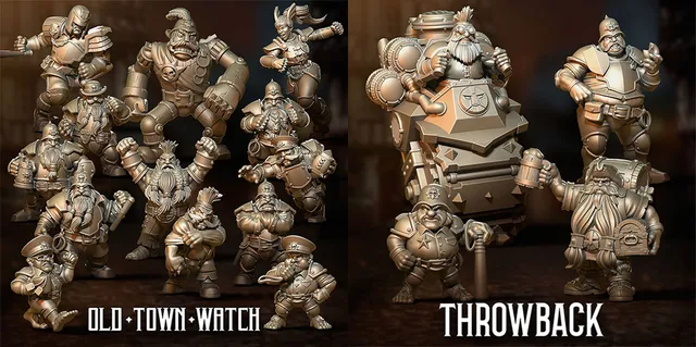 A collection of fantasy football miniatures features a squad from the Old Watch Town team, including three police dwarves, a dwarf blitzer, and two police halflings. A wooden golem and two star players, Klarice and the Judge, are also present. On the right, a selection of Throwback models showcases previous releases, highlighting the diverse range of characters in this expansion.