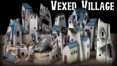 A collection of quirky, ramshackle buildings from the Vexed Village set, featuring skewed proportions and angles that create a surreal aesthetic. The structures are predominantly white with blue roofs, showcasing a mix of intact and ruined designs, including crumbling walls and a partially destroyed tower. The title "Vexed Village" is prominently displayed at the top in bold, stylized lettering against a dark background.