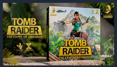The image features the box art for the board game "Tomb Raider: The Crypt of Chronos." Prominently displayed is a dynamic depiction of Lara Croft, dressed in a teal tank top and cargo shorts, holding a gun in each hand, set against a lush, green jungle backdrop with ancient ruins. The title of the game is boldly presented in yellow text at the bottom, alongside details indicating it is designed for 1 to 4 players and has a playtime of approximately 180 minutes. The overall design conveys a sense of adventure and exploration, fitting for the Tomb Raider theme.