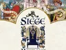 A decorative illustration featuring the text "Siege Perilous" in large, ornate lettering at the center. Above the text, there is a crown with intricate scrollwork. Below the text, there is an illustrated throne with a chalice on the seat, surrounded by elaborate gold and blue designs. On either side of the central text, there are two figures: on the left, a knight in armor holding a shield with the partially visible text "RUBEO DRACO" and on the right, a bearded man in a red and gold hat holding a scroll with the partially visible text "VIRTUTIS ATQUE LARGITATIS". In the background, there are illustrations of castles and trees. At the bottom, the text reads "ARTHURIAN ADVENTURE IN THE AGE OF CHIVALRY & VALOUR". The names Brian Saliba, Jay Johnstone, Ivan Alexiev, and Jay Musen are listed, along with the Play to Z logo.