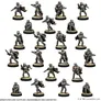 24 unpainted Mudtrooper miniatures on circular bases.