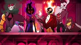 Animated scene featuring four characters: a black-clad figure with star-shaped horns, a red-suited character with a top hat and glowing eyes, a purple-robed figure with a star emblem, and a white-haired figure with a devilish grin. Fiery effects and a dark, dramatic stage setting.