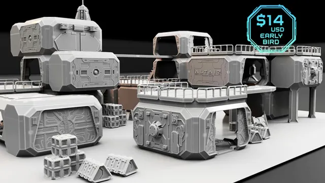 A collection of modular sci-fi terrain pieces designed for tabletop gaming, featuring various structures with a sleek, functional aesthetic. The terrain includes buildings with detailed textures, railings, and access points, suitable for creating diverse environments from outposts to high-tech installations. A blue badge in the corner indicates an early bird price of $14 USD for backers.