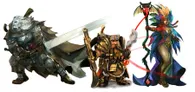 Two fantasy characters facing each other: a squat, armored gnome with goggles, holding a smoking staff, and a winged humanoid with colorful hair, feathers, and a scythe-like staff. No readable text.