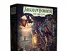 The box for "Arkham Horror: The Card Game Chapter Two" features a dramatic illustration depicting a chaotic scene in a dark, urban environment. In the foreground, several characters are engaged in a tense moment, with a figure holding a lantern and others appearing to react to a looming threat above, possibly a large creature. The background showcases a cityscape with gothic architecture, shrouded in shadows, enhancing the atmosphere of mystery and supernatural terror. The title and subtitle are prominently displayed at the top, along with details about the game.