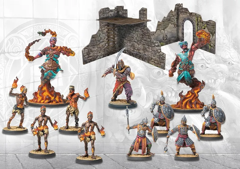 Miniature warriors, stone ruins, and fiery effects on circular bases.