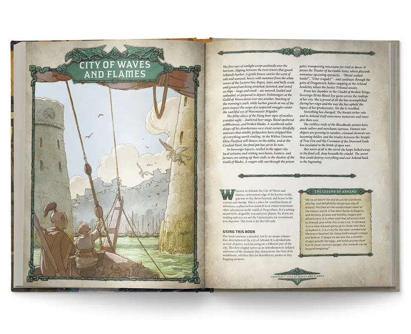 Open book showing "CITY OF WAVES AND FLAMES" title, illustration of a harbor with ships and a tower.