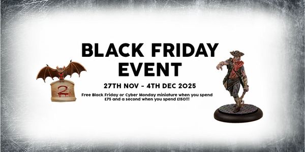 A promotional graphic for TTCombat's Black Friday event features bold text stating "BLACK FRIDAY EVENT" at the top, with dates from "27TH NOV - 4TH DEC 2025" below. On the left, there is an illustration of a small cart with a red and white striped umbrella, while on the right, a miniature figure stands, showcasing a character in a dynamic pose. The text highlights a free miniature offer for purchases over £75 and a second free miniature for orders over £150.
