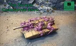 A sci-fi tank, referred to as the Zayken Corrupted Anvil, is prominently displayed, featuring a base color of tan with grotesque, purple bio-organic growths covering its surface. The tank's barrel is visible at the front, while the surrounding terrain is a barren, dusty landscape with rocky formations in the background. The title "The Zayken Corrupted Anvil" is boldly presented in green text above the tank.