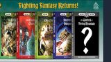 The image features five classic Fighting Fantasy adventure books lined up in a row, each with distinct cover art. From left to right, the titles are: "The Forest of Doom," "The Citadel of Chaos," "City of Thieves," "Deathtrap Dungeon," and "The Warlock of Firetop Mountain," which is marked with a question mark, indicating its cover is yet to be revealed. The covers showcase vibrant illustrations, with themes of fantasy and adventure, and the text prominently displays the titles and authors, Steve Jackson and Ian Livingstone. The background is a dark color, enhancing the visibility of the book covers and the bold title "Fighting Fantasy Returns!" at the top.
