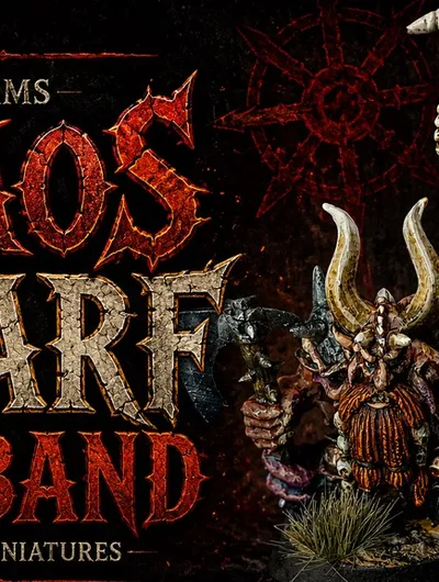 Dark background with a red and black geometric pattern. Text reads "KEV ADAMS CHAOS DWARF WARBAND DAEMON MINIATURES". On the right, a detailed miniature figure of a Chaos Dwarf with large horns, a long braided beard, and ornate armor, holding a weapon. The figure stands on a base with small grass tufts.