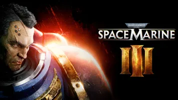 A close-up of a stern-looking Space Marine character, showcasing intricate details on his armor and facial features. The character has a rugged appearance with a prominent brow and several mechanical implants on his head, set against a dark, fiery background that enhances the dramatic effect. The image emphasizes the character's intense expression and the metallic textures of his blue and gold armor.