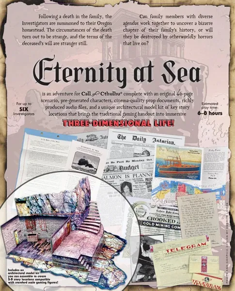 A promotional image for the "Eternity at Sea" scenario for the Call of Cthulhu Roleplaying Game features a vintage-style background with various documents, including newspaper clippings, letters, and maps, scattered across the surface. In the foreground, a circular inset displays a colorful 3D architectural model of a building, emphasizing the immersive elements of the game. The title "Eternity at Sea" is prominently displayed at the top, along with details about the adventure's duration and player capacity.
