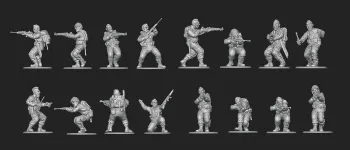 A collection of 28mm scale miniatures representing American soldiers from World War II is displayed, featuring various poses and stances. The figures include Airborne paratroopers, Rangers, and other military personnel, all intricately detailed and rendered in a metallic finish. The arrangement showcases multiple soldiers aiming weapons, gesturing, and preparing for action, highlighting the diversity of the U.S. armed forces during the 1944 campaign to liberate France.