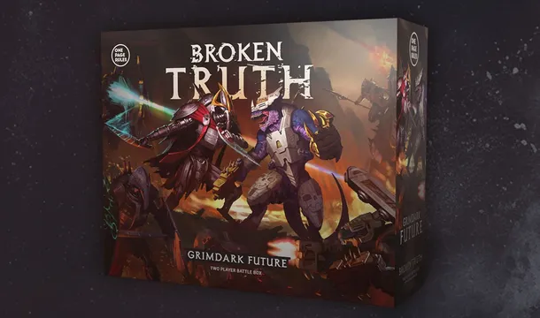 A box cover for "Grimdark Future: Broken Truth" features a dynamic illustration of two opposing factions: a menacing armored figure wielding a glowing weapon and a reptilian warrior in futuristic armor. The background showcases a chaotic battlefield with hints of advanced technology and dark, fiery colors. The title "BROKEN TRUTH" is prominently displayed at the top, with "GRIMDARK FUTURE" and "TWO PLAYER BATTLE BOX" at the bottom.