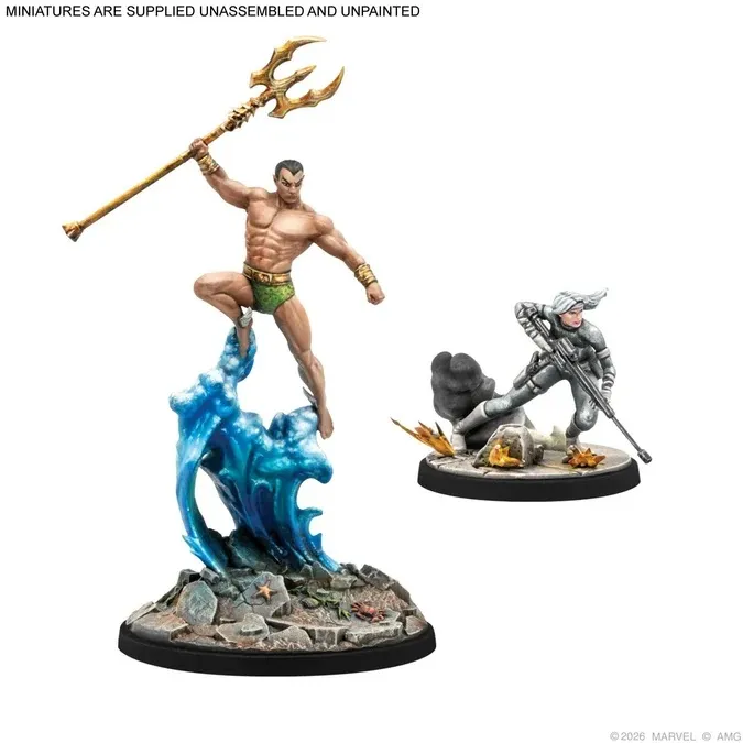 Two unpainted miniatures: Namor with trident on blue wave base, and a kneeling armed figure.
