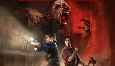 Alt-text:
Cover art for a tabletop RPG titled "INK RIBBON." At the top, white distressed-style text reads "INK RIBBON" in large letters, with a red banner below stating "A SURVIVAL HORROR TABLETOP RPG." In the foreground, two characters stand back-to-back in a dimly lit, ruined urban setting. The character on the left, wearing a dark jacket and fingerless gloves, holds a handgun aimed outward. The character on the right, dressed in a red shirt and dark pants, grips a fire axe. Behind them, three decayed, zombie-like creatures with exposed flesh and bones lunge forward. The background shows crumbling brick walls and faint light sources.