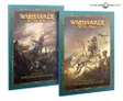Two open books titled Warhammer: The Old World Arcane Journal. Left cover shows armored knights on horseback in a battlefield. Right cover depicts a skeletal warrior riding a giant reptilian creature. Text reads: "Kingdom of Bretonnia" and "Tomb Kings of Khemri."